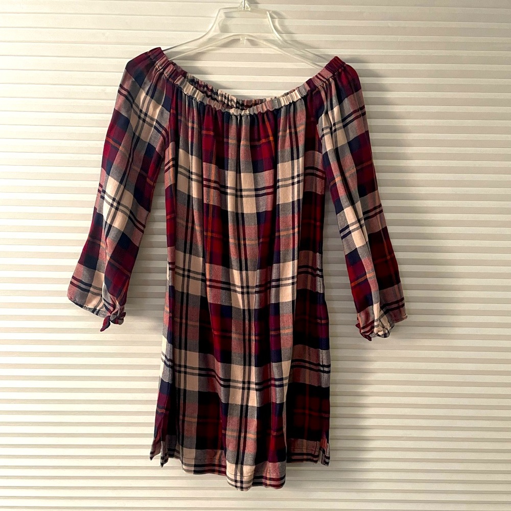 Cloth & Stone Off Shoulder Plaid Tunic/dress